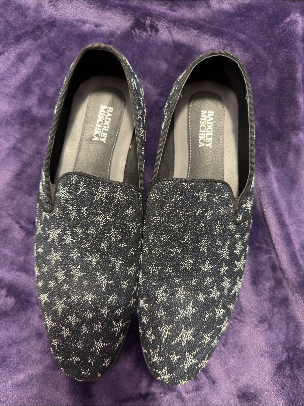 Badgley Mischka Midnight Blue Slip-On Loafers with Silver Star Pattern